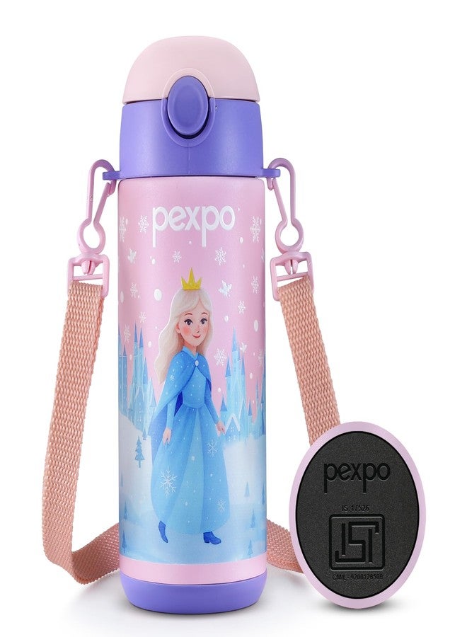 Pexpo Pixy ISI Certified Stainless Steel Water Bottle for School Kids - 300ml | Hot & Cold Vacuum Insulated Flask | Leak Proof | Carry Strap | School, Picnic, Sports - Pink Frozen Doll UV Print - Image 1